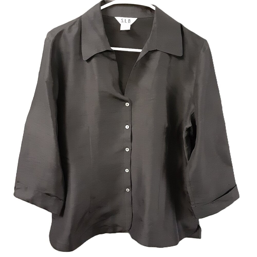 SLB Woman's 100% Silk Top Size LARGE Button up 3/4 Sleeve Black, Vintage